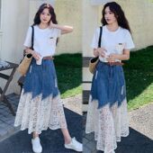 女夏巨好看一整套 套装 高级小众不撞款 穿搭蕾丝拼接牛仔半身裙短袖