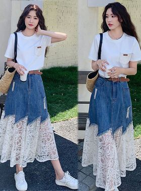高级小众不撞款穿搭蕾丝拼接牛仔半身裙短袖套装女夏巨好看一整套