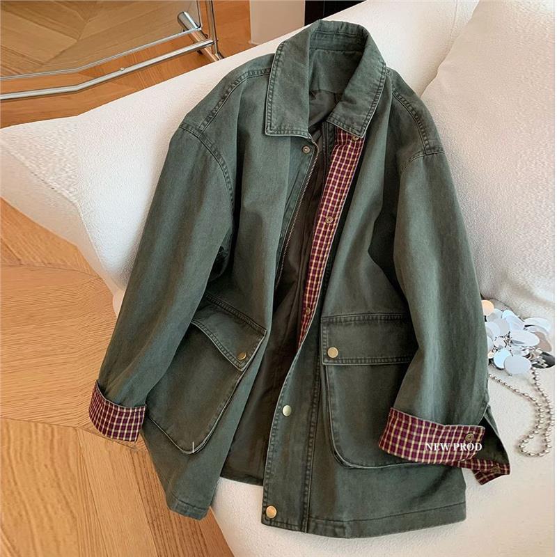 复古军绿色拼接格纹牛仔外套女秋新款高级宽松休闲百搭中长款上衣