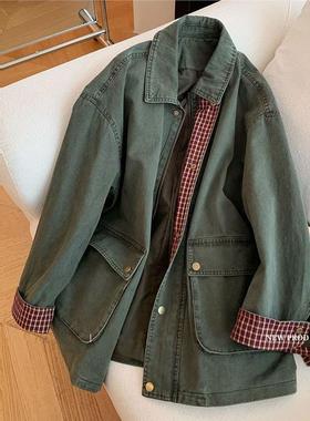 复古军绿色拼接格纹牛仔外套女秋新款高级宽松休闲百搭中长款上衣