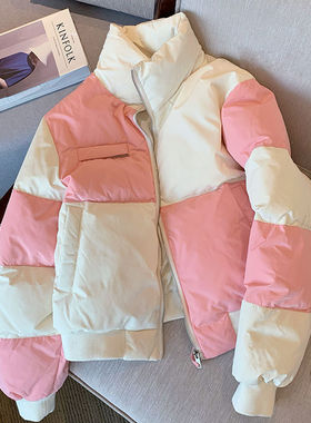 外套女2024秋冬新款粉白撞色格子立领夹棉面包服甜美减龄洋气棉服