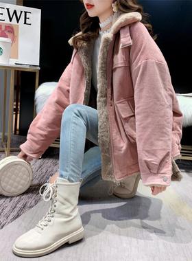2023冬季新款韩版宽松百搭拉链灯芯绒羊羔毛加厚保暖工装棉衣外套