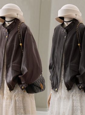 2025棕色立领短款PU皮外套女春季新款欧洲站时髦洋气小个子上衣潮