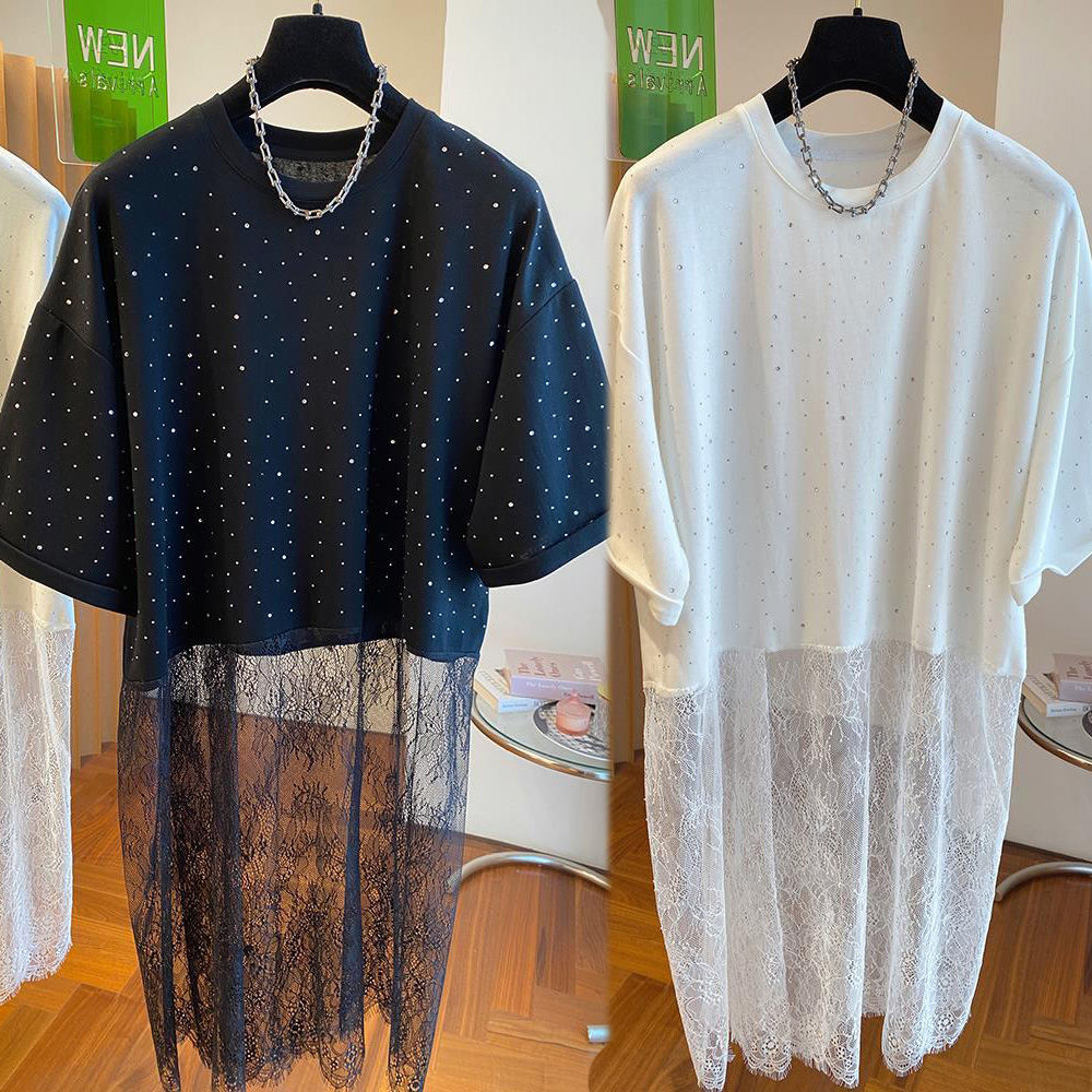 2024夏季新款烫钻t恤拼接网纱裙女叠穿内搭今年流行显瘦t恤连衣裙