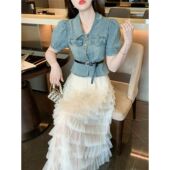 洋气牛仔上衣 时尚 2023新款 裙女夏季 A字蛋糕裙半身裙子 两件套套装