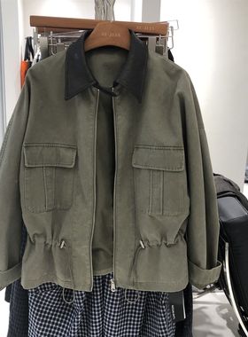 欧货工装夹克2025秋装新款撞色皮领抽绳收腰复古休闲外套女夹克潮