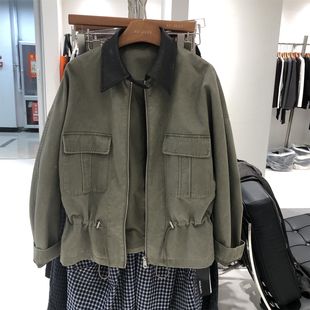 欧货工装夹克2025秋装新款撞色皮领抽绳收腰复古休闲外套女夹克潮