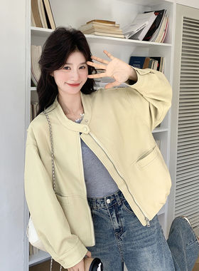 黄色短款pu皮衣外套女春秋新款小个子复古炸街夹克高级感机车服