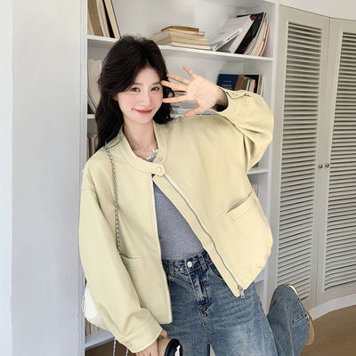 黄色短款pu皮衣外套女春秋新款小个子复古炸街夹克高级感机车服