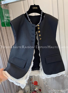 DHR 高级感超好看蕾丝假两件西装马甲背心外套上衣女韩版春装新款