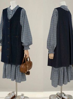 韩系超好看格子连衣裙套装女2025秋季减龄牛仔背心裙衬衫裙两件套