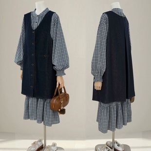 裙两件套 减龄牛仔背心裙衬衫 韩系超好看格子连衣裙套装 女2025秋季