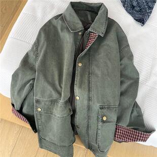 原物推荐做旧复古绿色拼接格子设计感牛仔外套女2025秋季新款