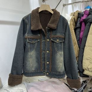 加绒加厚羊羔毛内里牛仔外套女短款2023冬季韩版宽松翻领夹克上衣