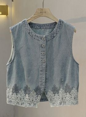 法式小香风蕾丝钩花亮片下摆牛仔马甲女2025春款圆领无袖坎肩外套
