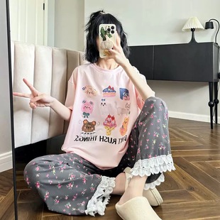 宽松外穿卡通可爱全棉家居服套装 100%纯棉睡衣女夏季 韩版 短袖 长裤