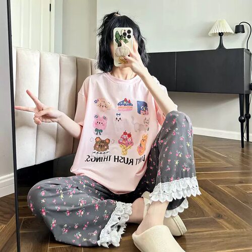 100%纯棉睡衣女夏季短袖长裤韩版宽松外穿卡通可爱全棉家居服套装