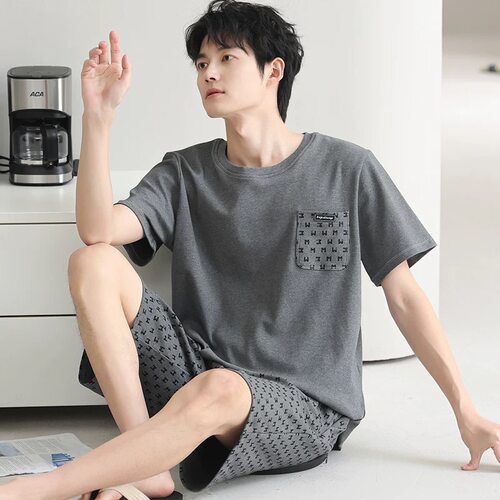 100%纯棉睡衣男士夏季短袖夏天可外穿休闲宽松薄款全棉家居服套装