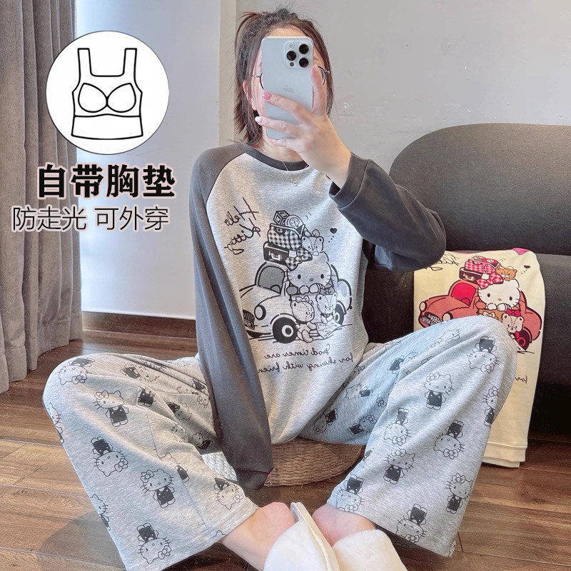 带胸垫睡衣女纯棉长袖春秋季韩版卡通可爱学生外穿宽松家居服套装