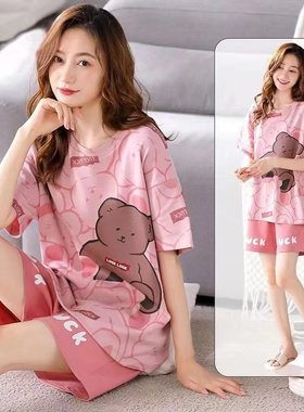 2025年新款睡衣女夏季纯棉短袖短裤薄款大码全棉可外穿家居服套装