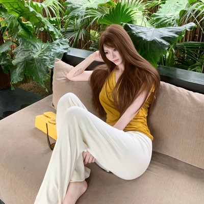 Jinelle【不要太显白】2025夏季新品V领天丝蝴蝶袖套黄色恤女