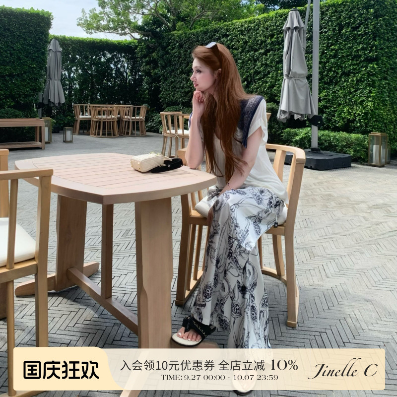 Jinelle Cie 夏季外出 超好穿舒适水墨画H家印花图案缎面阔腿裤女