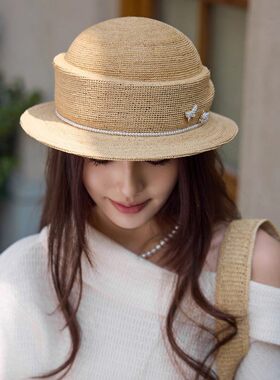 春季新款帽子夏季拉菲草帽女出游度假遮阳盆帽法式复古草编千金