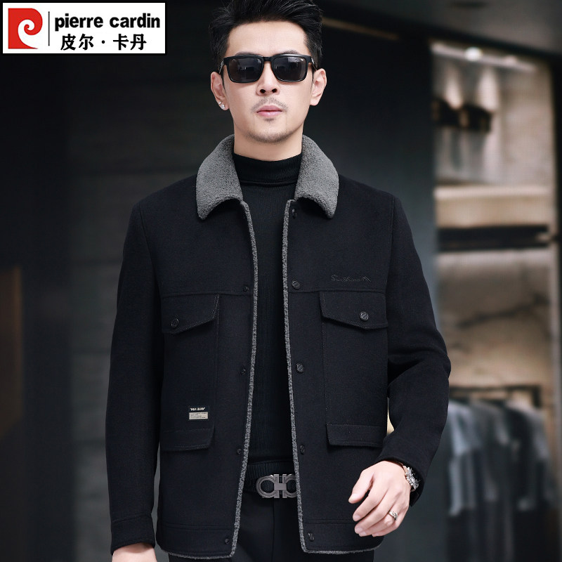 皮尔卡丹秋冬季男士双面羊毛呢夹克外套休闲短款羽绒内胆加厚呢子