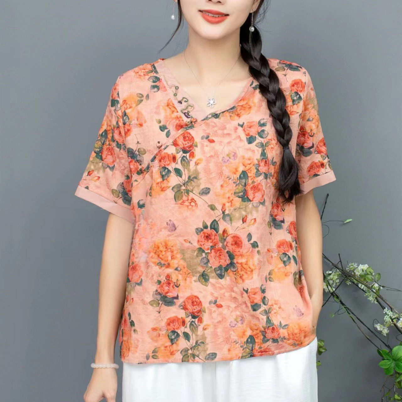 2025夏季轻薄天丝麻小衫女植物印花灯笼短袖宽松大码女式短袖T恤