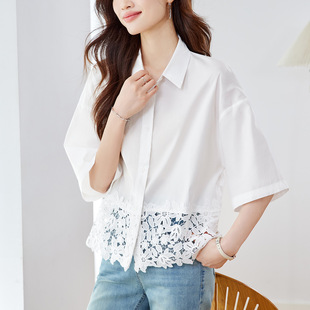 白色衬衣翻领七分袖镂空刺绣天丝棉衬衫女2025夏季新款通勤上衣服