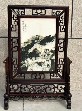金匠大作老红木插风老挝大红酸枝木雕花台屏嵌天然石画桌屏实木屏