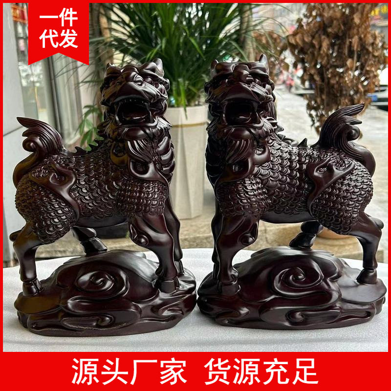 金匠大作黑檀木雕麒麟摆件配对家居办公室店铺装饰品客厅工艺品一