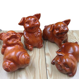 金匠大作花梨木欢天喜地幸福小猪实木雕刻工艺礼品动物生肖猪摆件