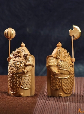金匠大作黄杨木雕哼哈二将门神摆件木质中式家居客厅安宅装饰桌面