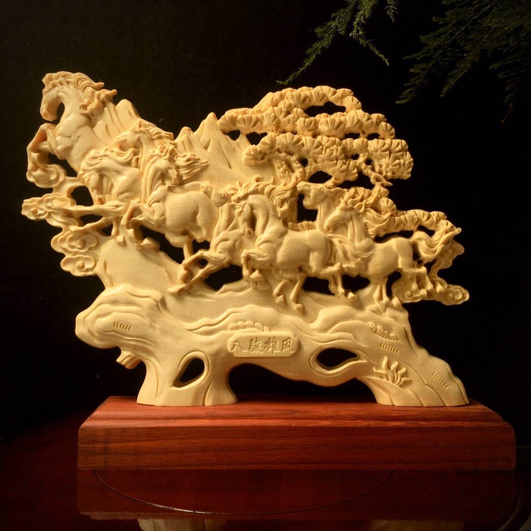 金匠大作黄桧木雕刻动物八骏雄风手工艺品红木制家居摆件装饰品