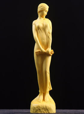 金匠大作黄杨木雕花样年华美女摆件拿花送女神桌面家居人物装饰礼