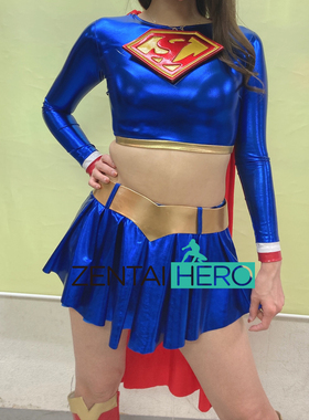 G社supergirl heroine英雄服装女蓝色涂胶拼接超女紧身衣带披风