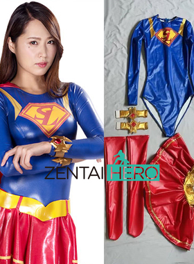 G社supergirl heroine英雄服装女红蓝涂胶拼接超女紧身衣带披风