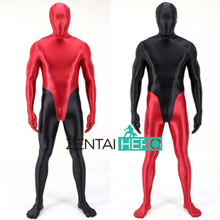 定制性感全包红黑拼接油光布zentai立体裁剪高弹超丝滑连体紧身衣