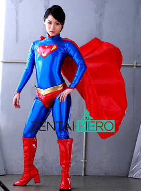 特摄电影女超人性感英雄二次元扮演服装蓝色涂胶连体紧身衣含披风