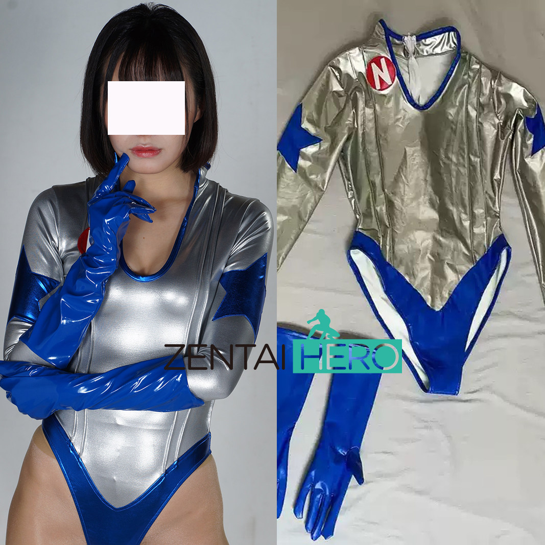 定制巨大系奥特之母女英雄连体紧身衣银蓝PU拼接cosplay扮演服装