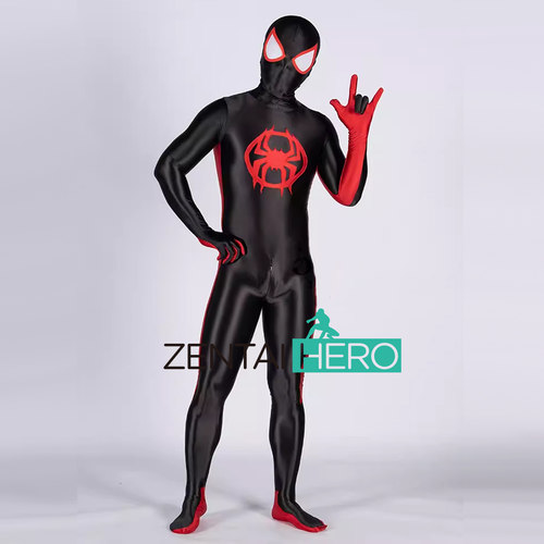 新款油光布黑红拼接迈尔斯蜘蛛连体zentai高弹紧身衣cosplay服装