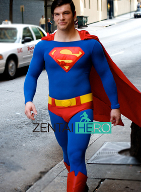 实拍Clark 万圣节表演服装cosplay儿童成人红蓝莱卡超人紧身衣