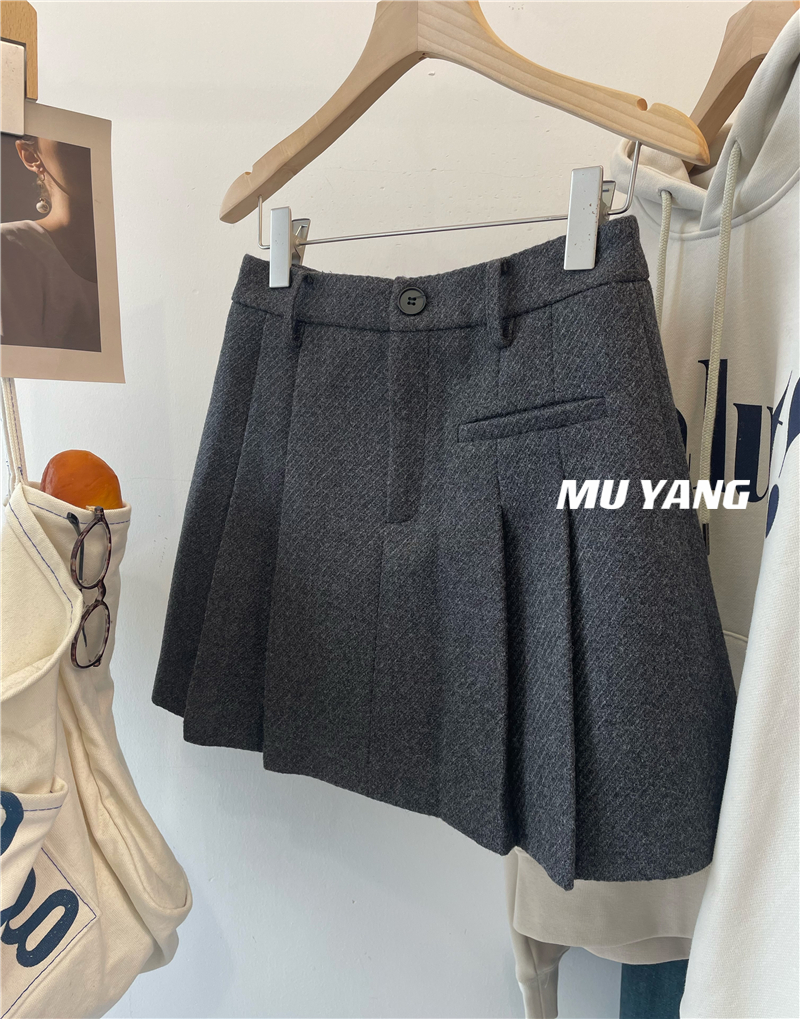 MUYANG 显比例 好驾驭 加厚秋冬毛呢料百褶短裙 高腰显瘦半身裙裤