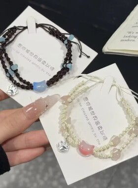 新款碎石小猫咪手链高颜值精致甜美手工编织手绳送闺蜜情侣礼物