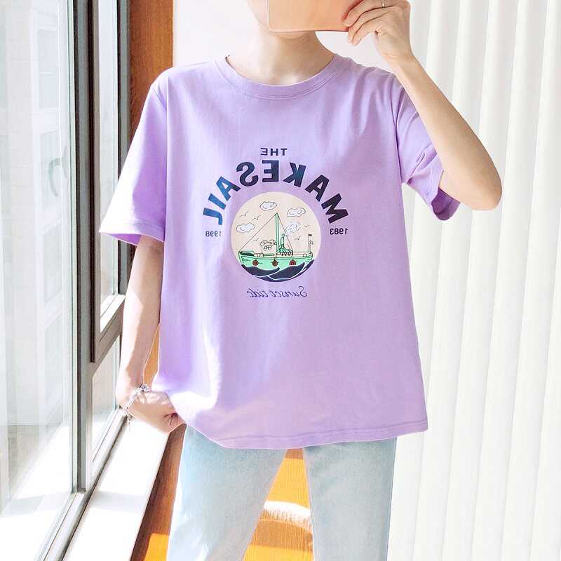 胖妹妹正肩短袖大码t恤女200斤胖mm夏季遮肚纯棉字母半袖显瘦上衣