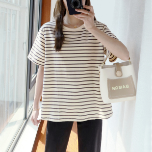 韩系宽松遮肚胖妹妹纯棉半袖 T恤女200斤胖mm夏装 上衣 条纹短袖 大码
