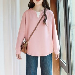 宽松弹力圆领拼接胖妹妹上衣 200斤秋装 大码 假两件卫衣女胖mm长袖