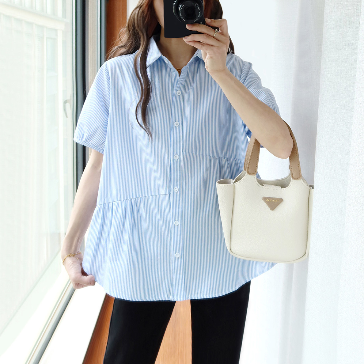 大码纯棉短袖条纹衬衫女胖mm夏季正肩宽松森系日系遮肚半袖娃娃衫