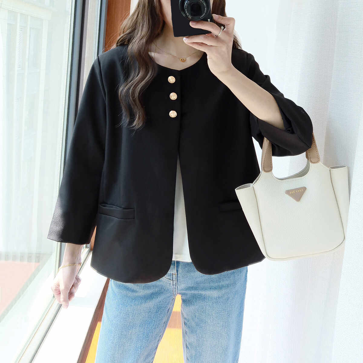 大码小个子西装外套女短款九分袖圆领正肩三粒扣胖妹妹高级感上衣